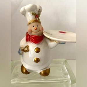 Vintage Chef Snowman holding cookie plate NIB tea light holder gold accents